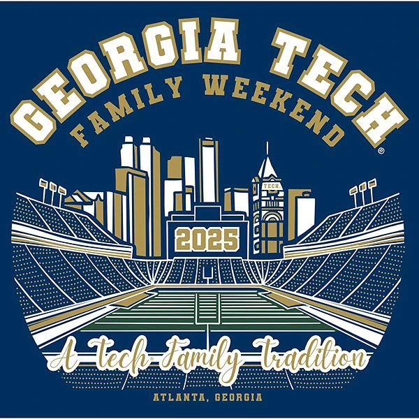 The image is a promotional graphic for Georgia Tech Family Weekend 2025 in Atlanta, Georgia, featuring a stylized stadium and city skyline with the text "A Tech-Family Tradition."