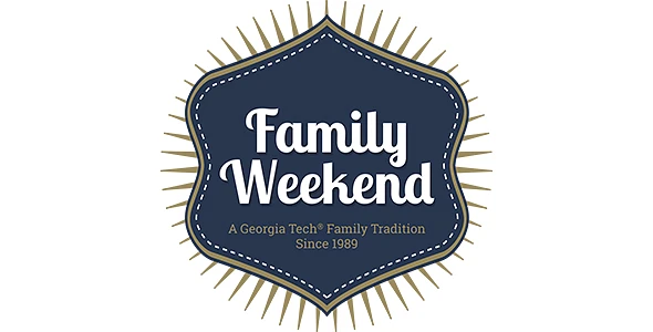 The image features a blue shield-shaped emblem with the text "Family Weekend: A Georgia Tech® Family Tradition Since 1989," surrounded by a sunburst pattern.