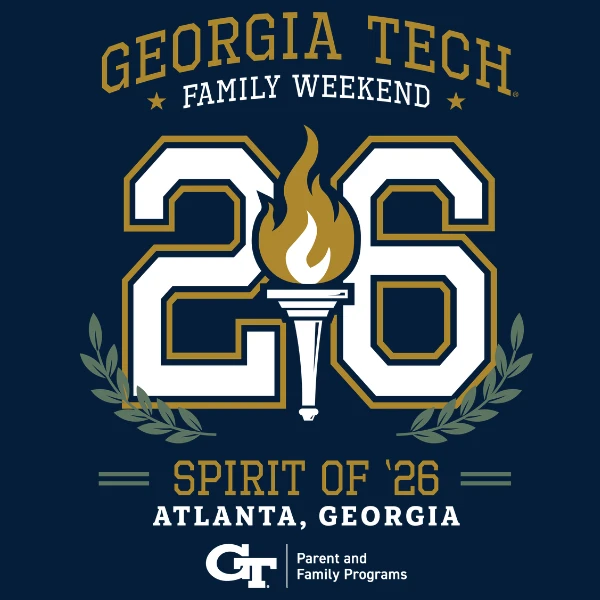 Georgia Tech Family Weekend logo with a flame torch, wreath, and "Spirit of '26".