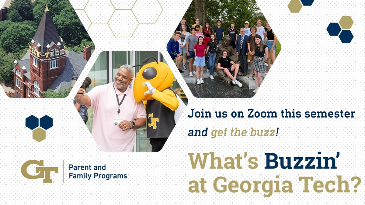 The image promotes Georgia Tech's Parent and Family Programs, featuring a building, people taking a selfie with a mascot, and students gathered around a statue, inviting participation on Zoom.