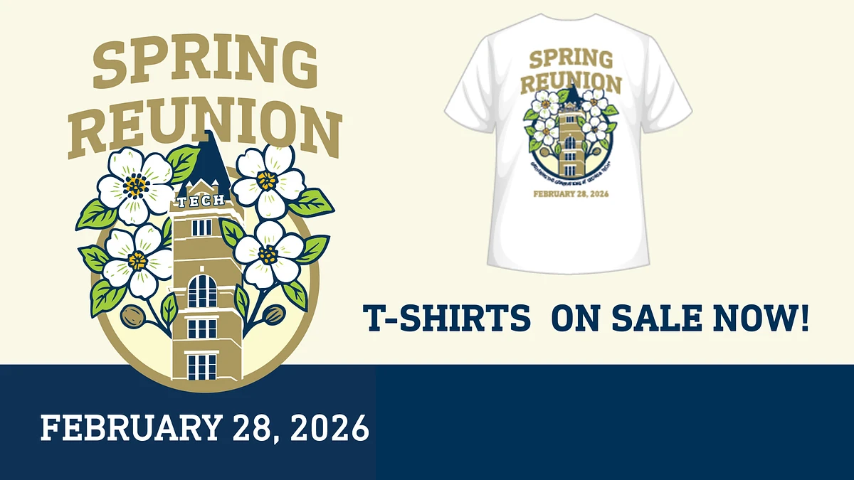 The image promotes a "Spring Reunion" event on February 28, 2026, featuring T-shirts on sale adorned with a floral and building design.