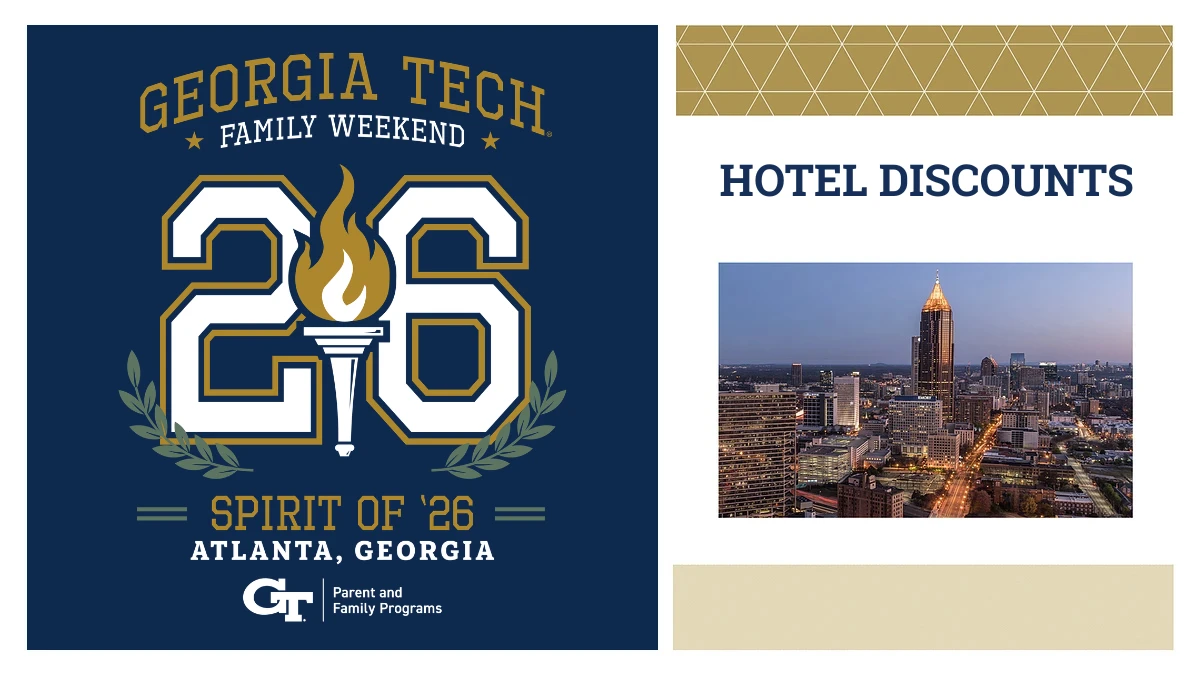Georgia Tech Family Weekend promotion, discounts, and city skyline.