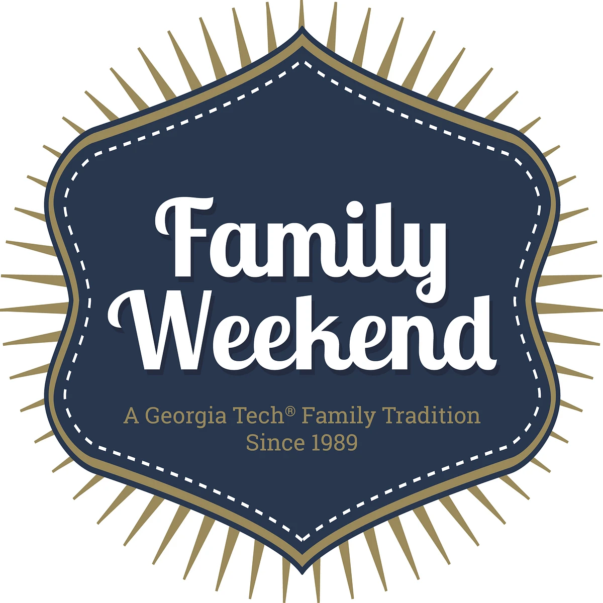 The image features a navy blue badge with gold rays and the text "Family Weekend: A Georgia Tech Family Tradition Since 1989."