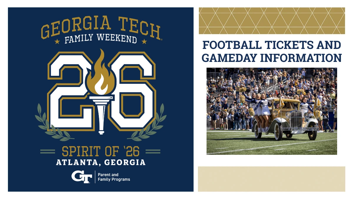 Georgia Tech Family Weekend and football game info, with photo of cheerleaders.