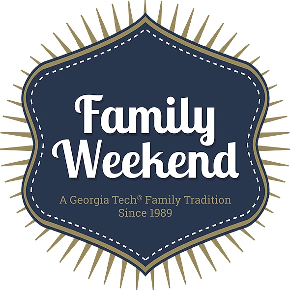 A blue shield with gold rays and the words Family Weekend A Georgia Tech Tradition Since 1989
