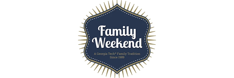 The image displays a badge-shaped emblem that reads "Family Weekend: A Georgia Tech® Family Tradition Since 1989".