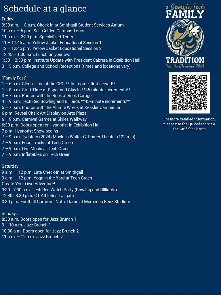 The image shows the schedule for Georgia Tech's Family Weekend 2024, detailing events from Friday to Sunday.