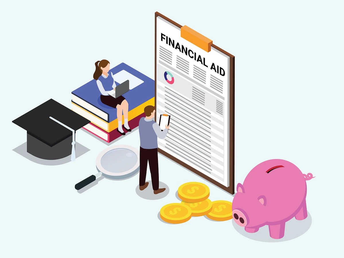 An illustration of financial aid featuring a large form, stacks of coins, a piggy bank, a magnifying glass, a graduation cap, and people with digital devices.