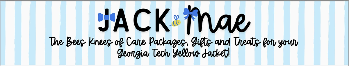 The image is a banner with light blue and white stripes, featuring the text "JACK & Mae" with a bow and bee illustration, advertising care packages, gifts, and treats for Georgia Tech Yellow Jackets.