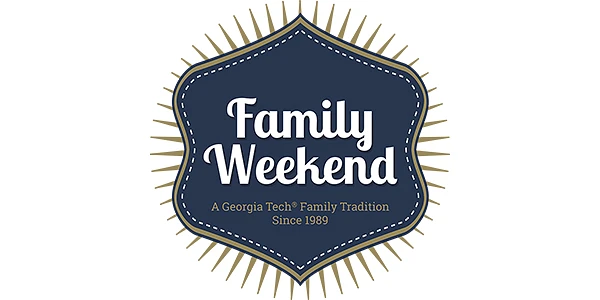 The image features a badge-like design with "Family Weekend" displayed prominently, highlighting it as a Georgia Tech family tradition since 1989.
