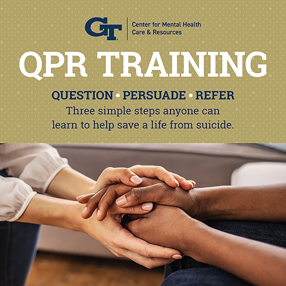 The image promotes QPR Training by the Center for Mental Health Care & Resources, emphasizing "Question, Persuade, Refer" as steps to help prevent suicide, alongside an image of supportive hand-holding.