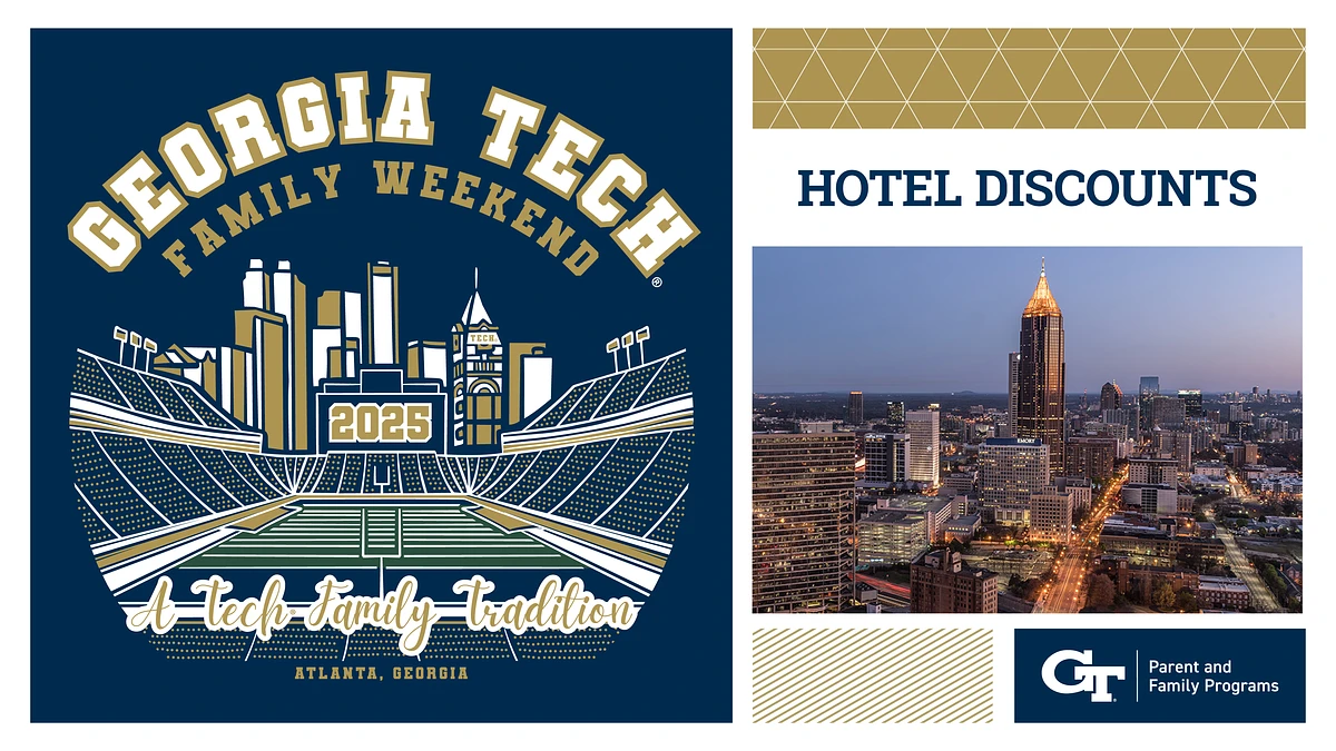 The image promotes Georgia Tech Family Weekend 2025 with a stadium illustration and offers hotel discounts, featuring a cityscape of Atlanta, Georgia.