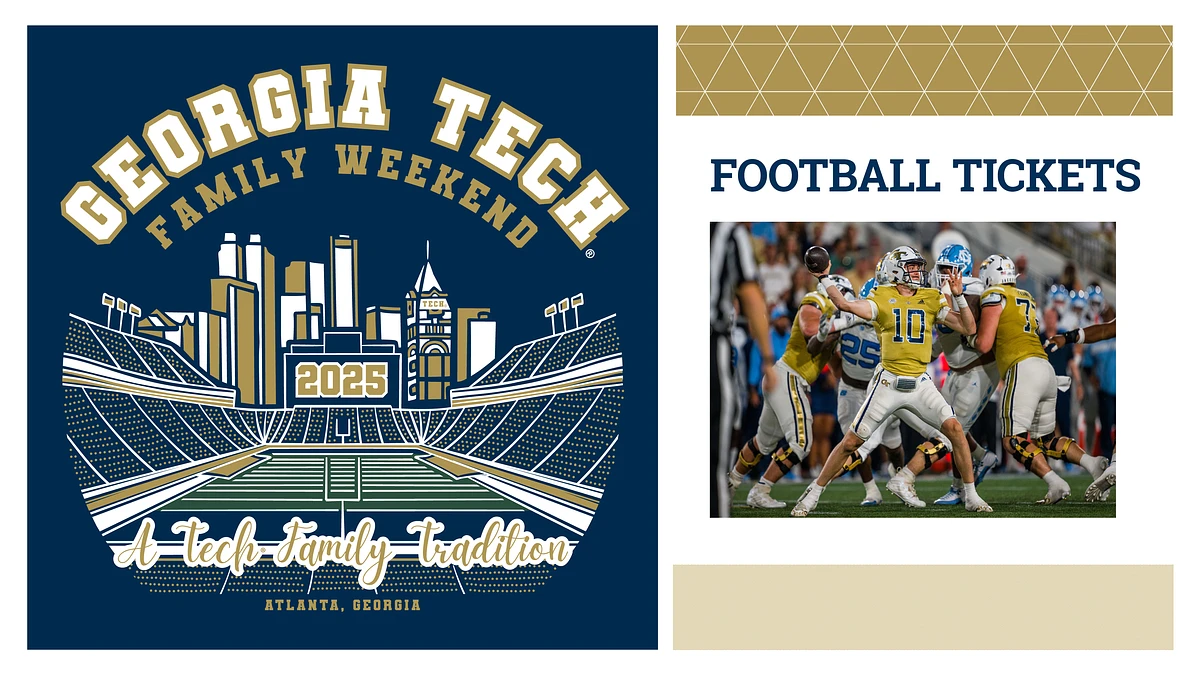 The image promotes Georgia Tech's Family Weekend in 2025, featuring a football game and Atlanta skyline illustration.