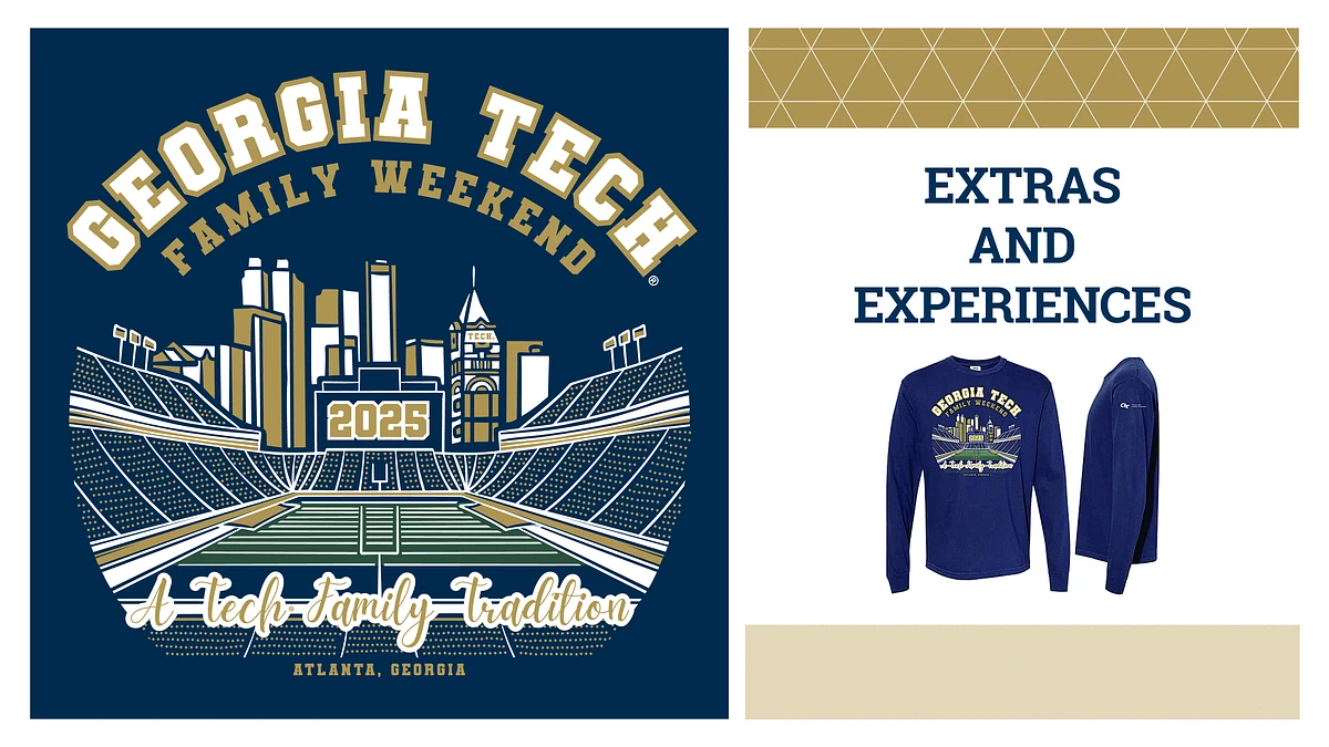 Promotional image for Georgia Tech's Family Weekend 2025 featuring themed merchandise and a stadium graphic.