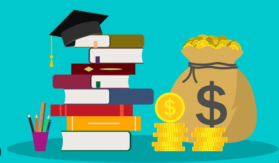 A stack of books with a graduation cap is depicted alongside a money bag and coins, symbolizing the link between education and financial success.