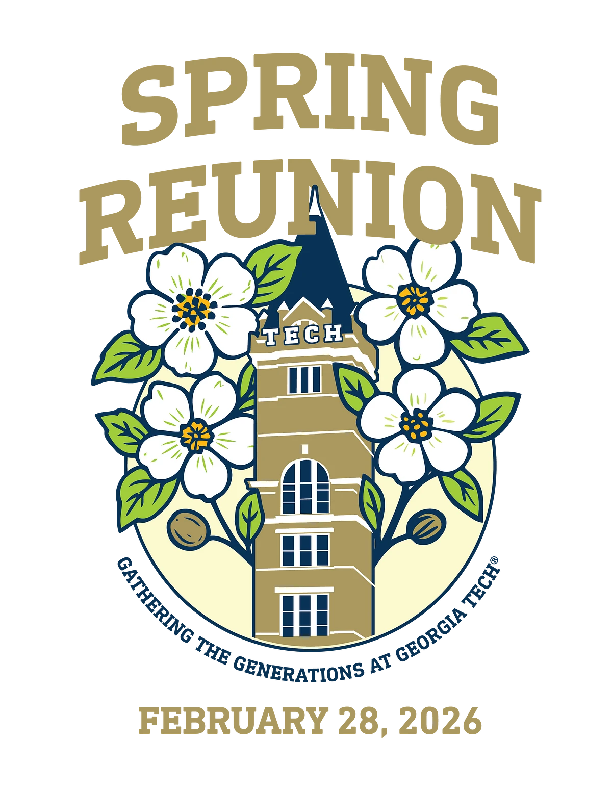 This image is a logo for a "Spring Reunion" event at Georgia Tech featuring a stylized tree with the phrase "Gathering the Generations at Georgia Tech."