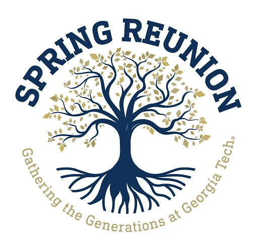 This image is a logo for a "Spring Reunion" event at Georgia Tech featuring a stylized tree with the phrase "Gathering the Generations at Georgia Tech."