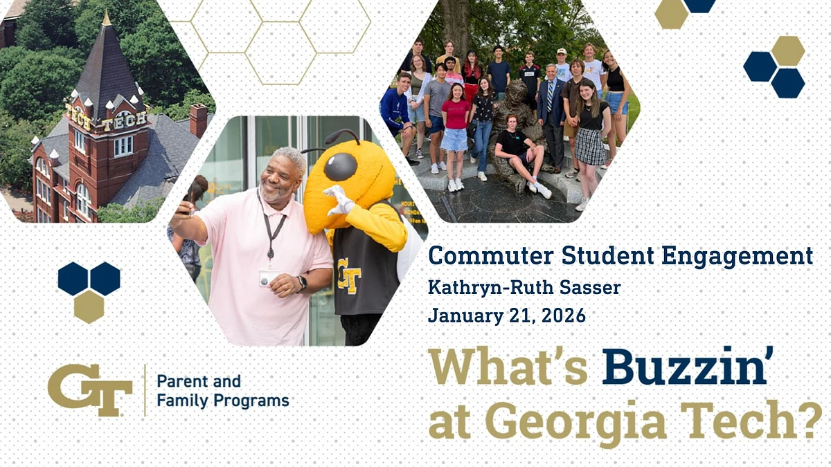 The image is an announcement for a Georgia Tech event focusing on commuter student engagement, featuring photos of the campus, a mascot, and students, scheduled for January 21, 2026.